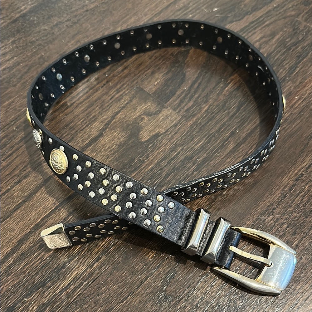 Authentic Gianni Versace leather studded Medusa head belt from 1992. 65